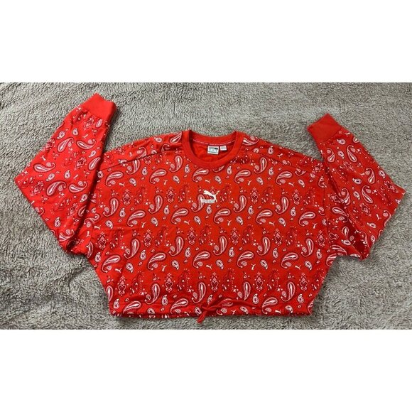 Puma off beat paisley cropped sweatshirt Drawstring Size Small Poppy red - Picture 2 of 10